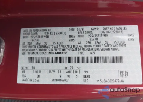 2021 Ford Escape Titanium Hybrid z USA, uszkodzony, nr VIN 1FMCU0DZ0MUA08328